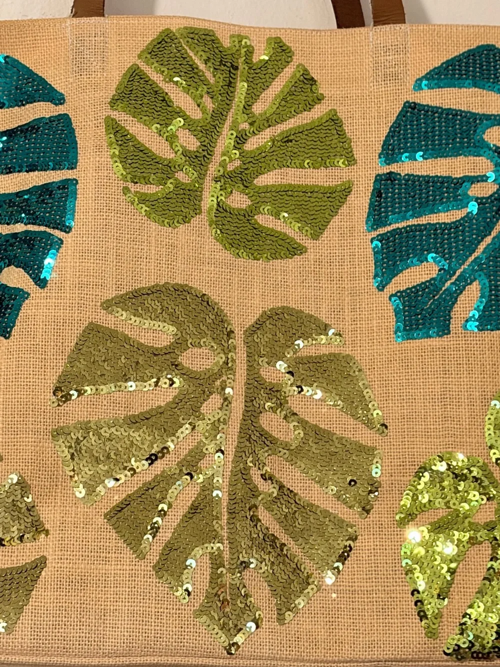 Mud Pie Canvas Tote with Teal and Lime Sequin Monstera Leaves